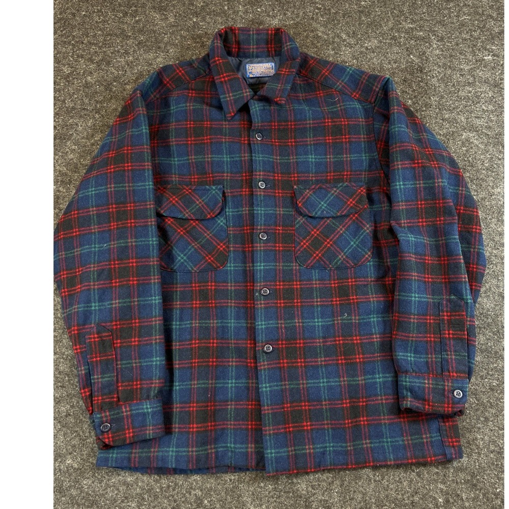 Pendleton Wool Board Shirt Mens L Blue Green Red Authentic Home Tartan Plaid USA